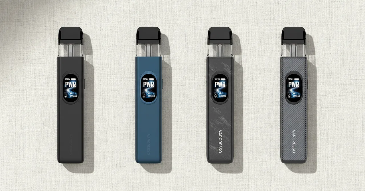 Vaporesso XROS 6 refillable pod kit shown upright on a neutral retail-counter background.
