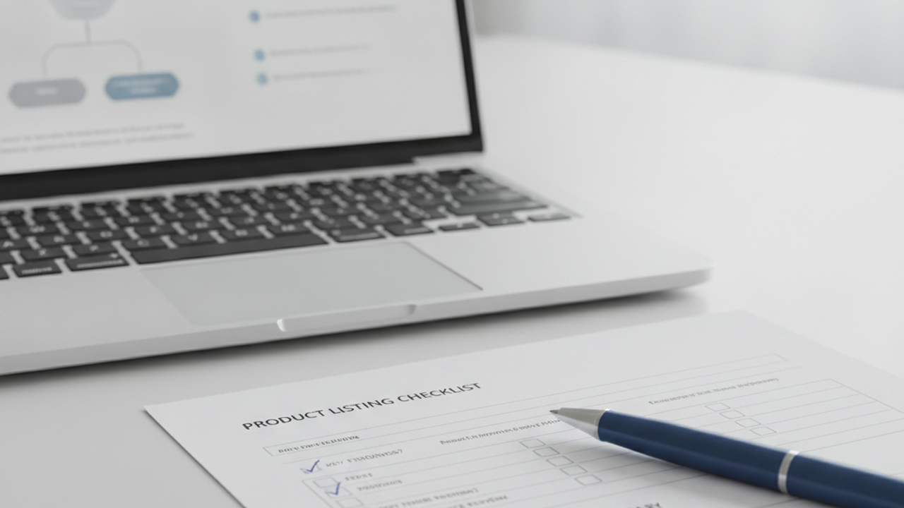 Retail compliance workstation with product listing checklist, study summary and advertising guidance notes