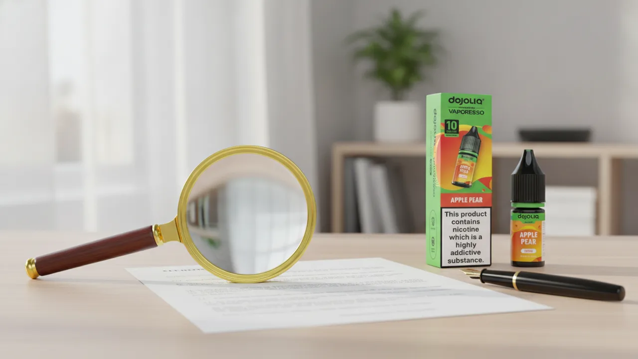 Dojoliq Apple Pear nic salt box and bottle next to a magnifying glass on ingredient compliance paperwork.