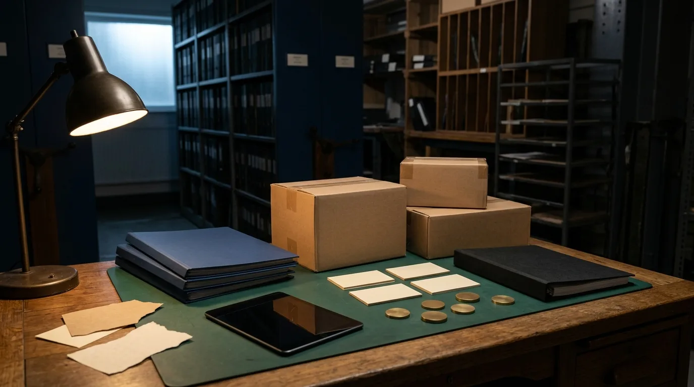 Approval review folders, blank evidence cards and sealed cartons on a bonded warehouse compliance desk