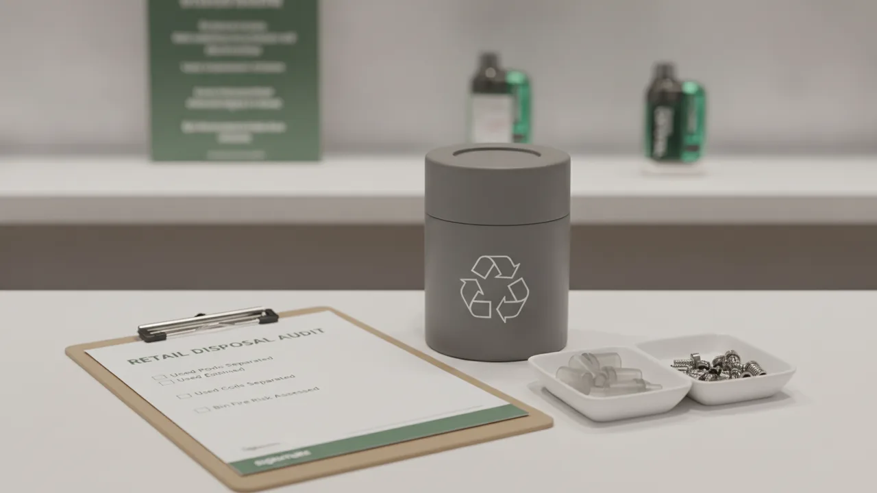 Retail disposal audit setup with take-back container, checklist, used pods and coils on a vape shop counter.