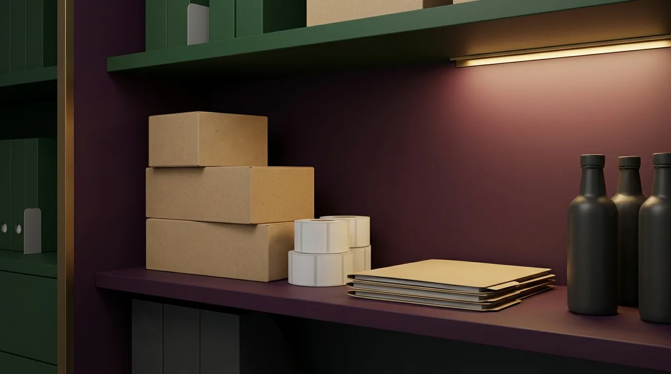 Vape retail stockroom readiness setup with blank cartons and duty-stamp materials.