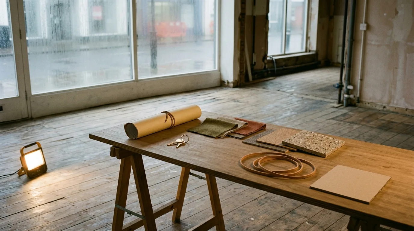 Empty high-street retail unit with lease-planning materials on a table.