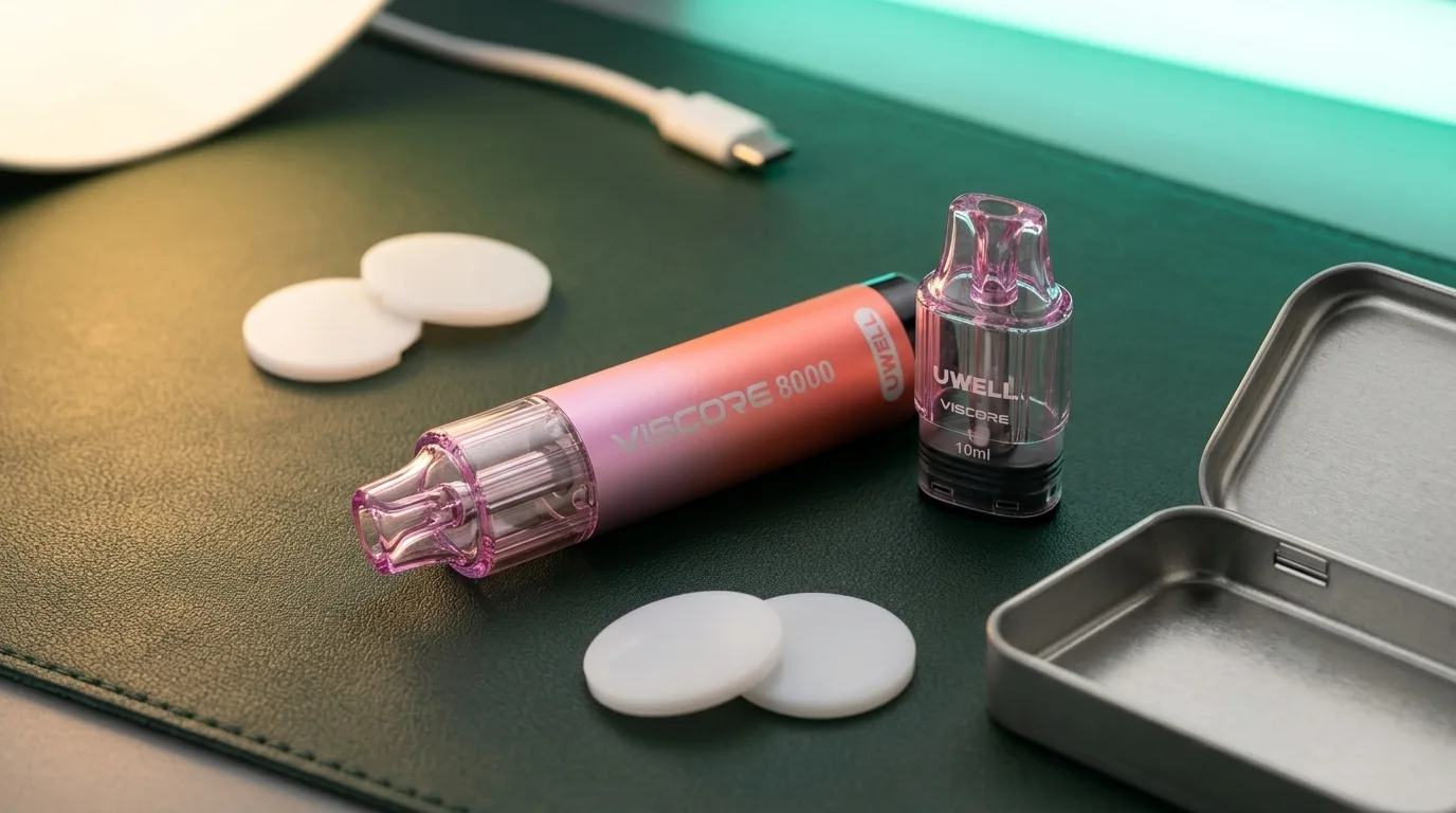 Uwell Viscore 8000 pod and 10ml refill container arranged for an adult buyer format check