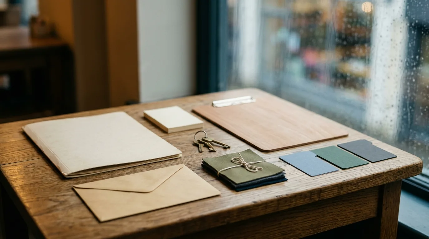 Blank lease folder, keys and shopfit material samples arranged on a cafe table.