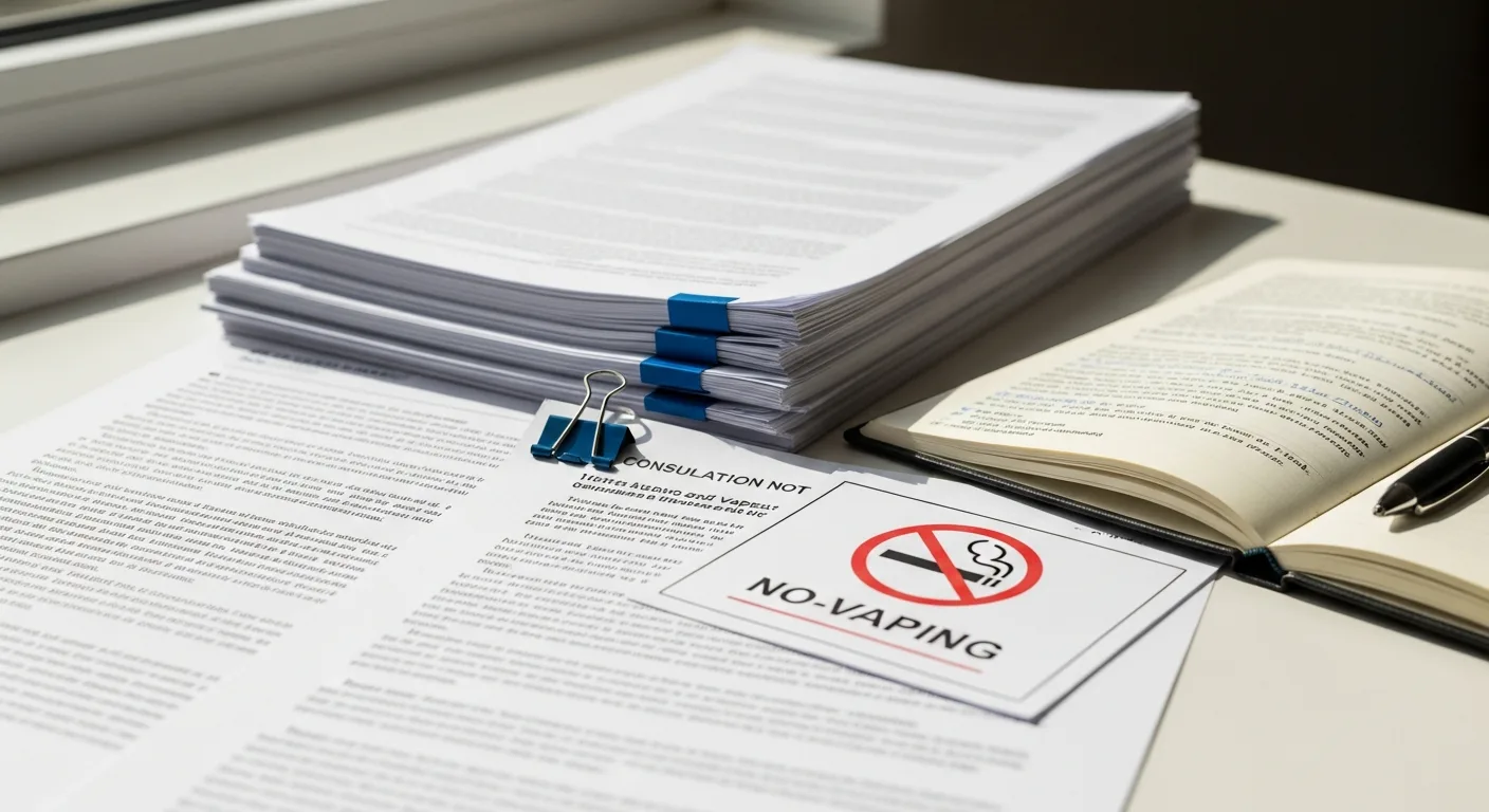 Editorial tabletop scene of UK legislation pages, consultation notes and a draft no-vaping sign for a Scotland vape-free places explainer.