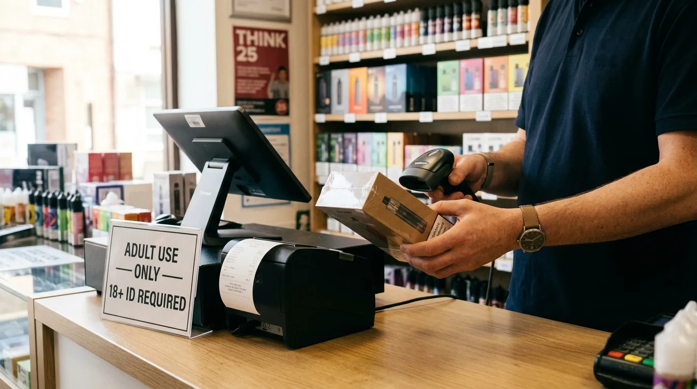 Adult-only UK vape retail counter showing an ID-required age-restriction notice, paper receipt printing, and a sealed boxed vape product being scanned at the till.