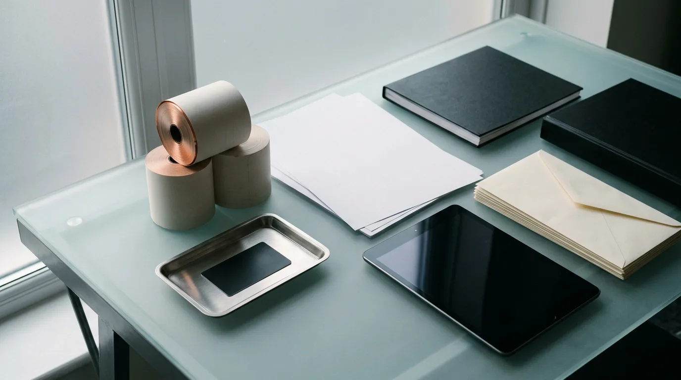 Blank till rolls, envelopes and VAT evidence folders arranged for a retailer audit.