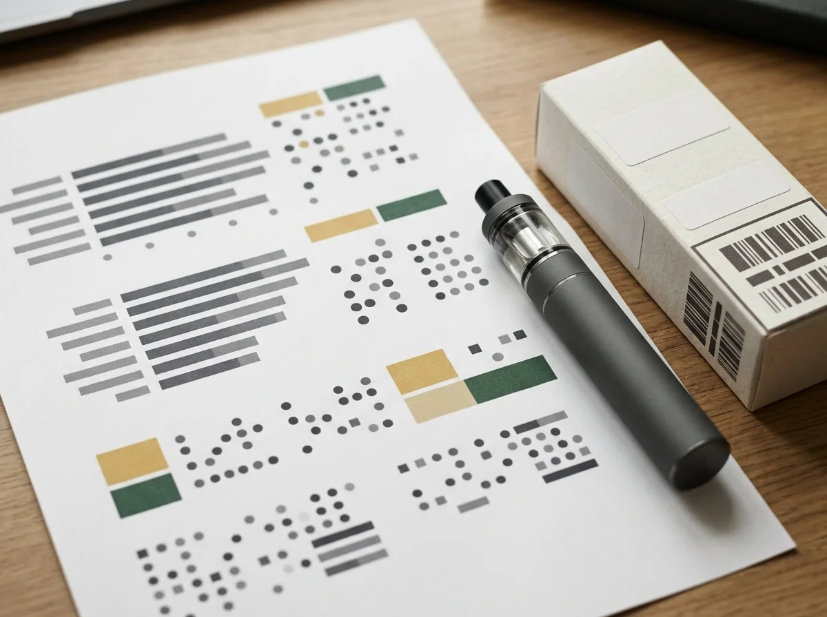 Textless analysis sheet with abstract report rows beside unbranded vape packaging and a generic vape device.