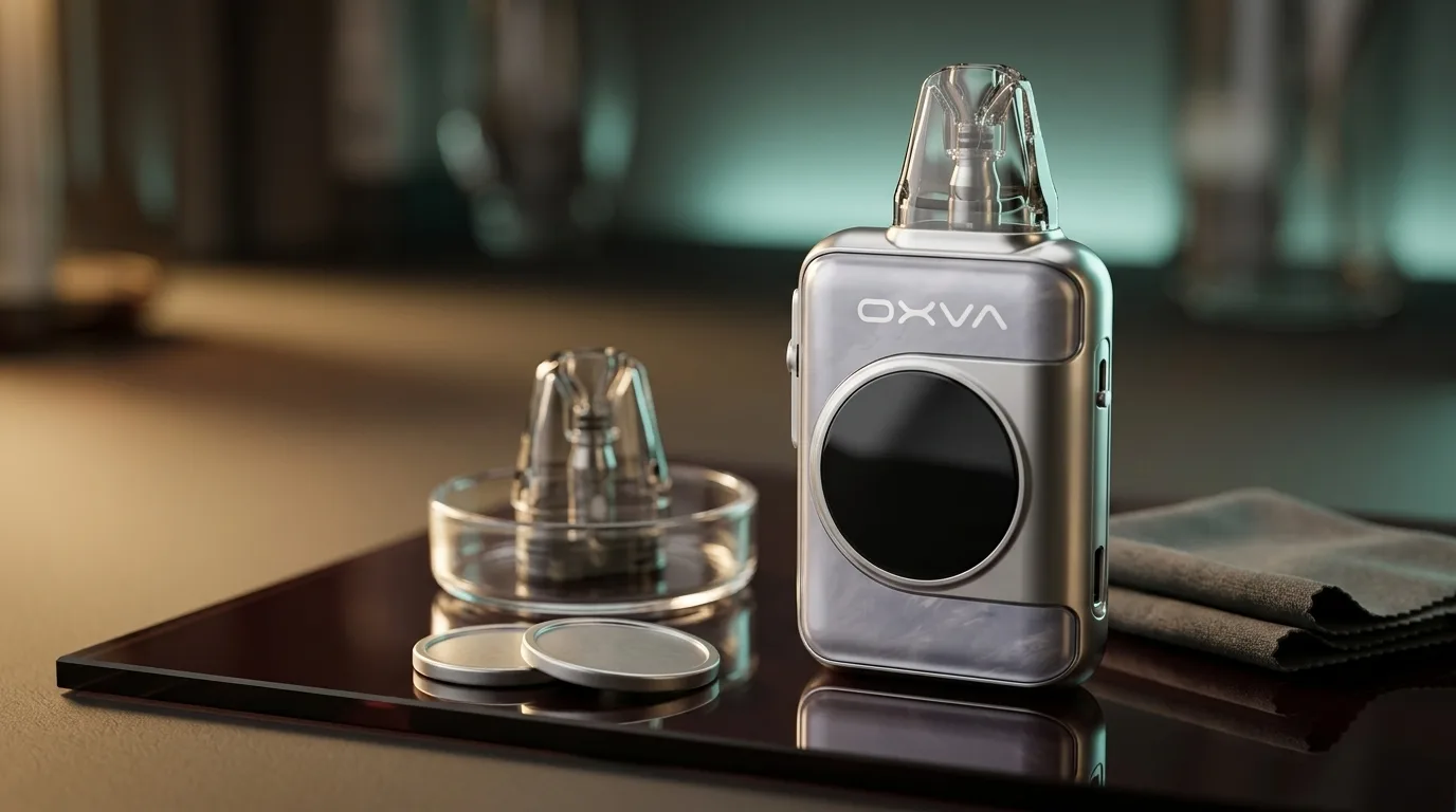 OXVA XLIM SQ Pro 2 device and blank pod-check props arranged for a UK 2ml buyer check.