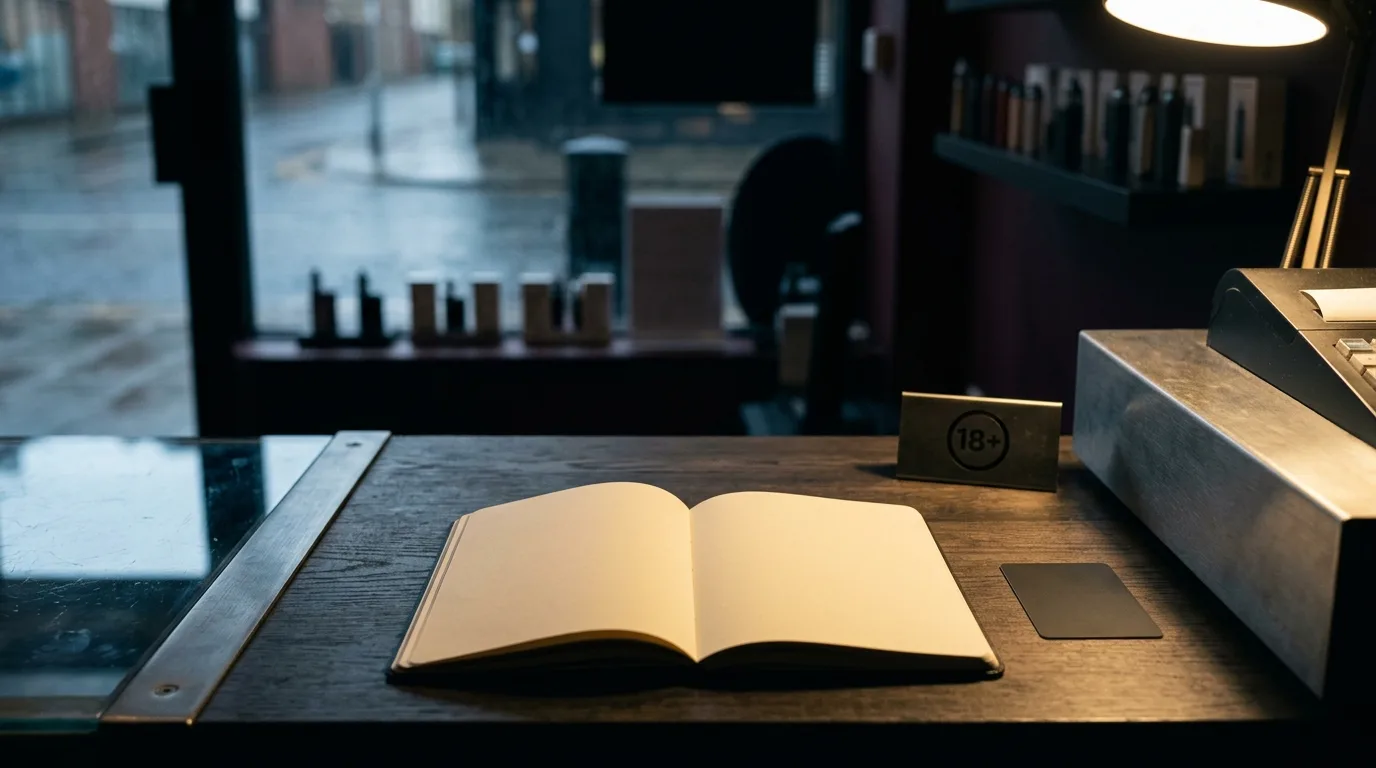 Retail till with an adult age-verification checklist for vaping products