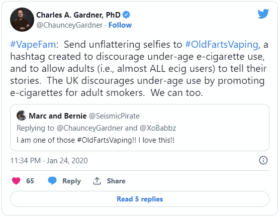 Gardner's 2020 #OldFartsVaping follow-up tweet