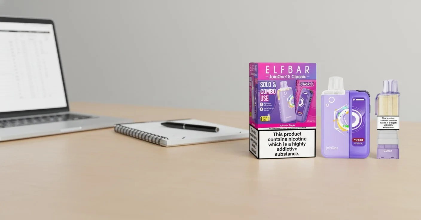 Elf Bar JoinOne15 Classic Summer Grape kit on a UK adult-retail counter beside a blurred laptop showing a stock-availability spreadsheet and a checklist notebook — UK buyer's stock-check scene.