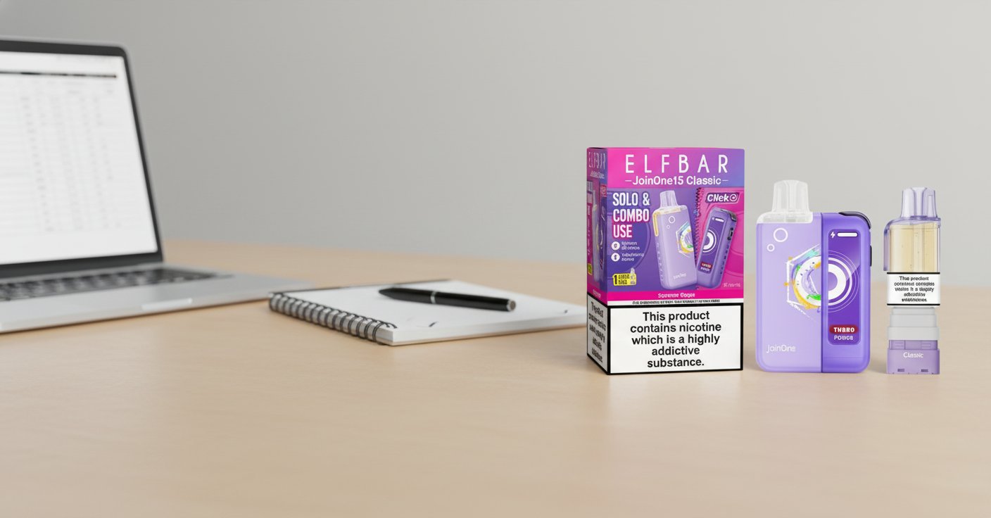 Elf Bar JoinOne15 Classic Summer Grape kit on a UK adult-retail counter beside a blurred laptop showing a stock-availability spreadsheet and a checklist notebook — UK buyer's stock-check scene.