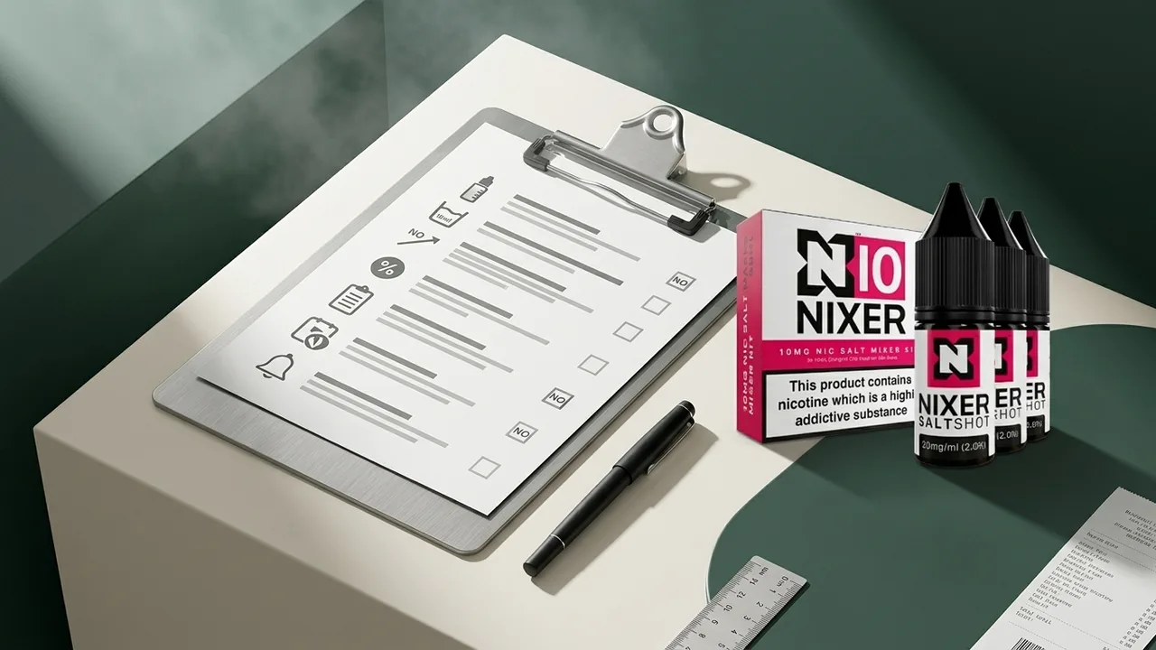 Adult UK vape retail compliance checklist with a real Nixer nic salt mixer kit, pen and measuring ruler.
