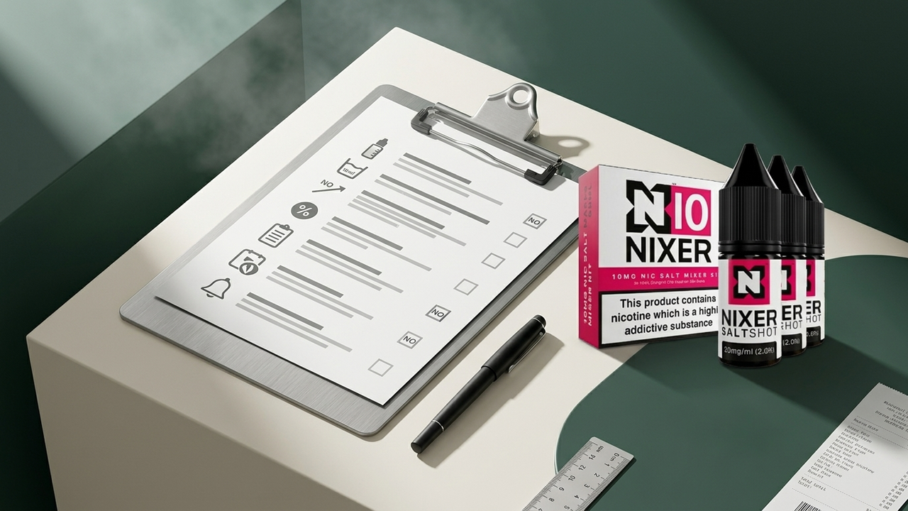 Adult UK vape retail compliance checklist with a real Nixer nic salt mixer kit, pen and measuring ruler.