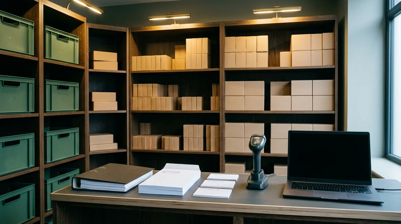 Organised vape stockroom with product compliance records and audit paperwork
