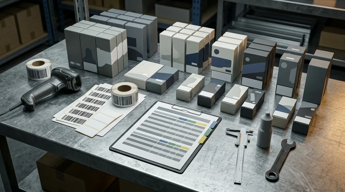Anonymised vape retail boxes, barcode labels, a scanner and abstract stock-control paperwork on a brushed-steel compliance bench.