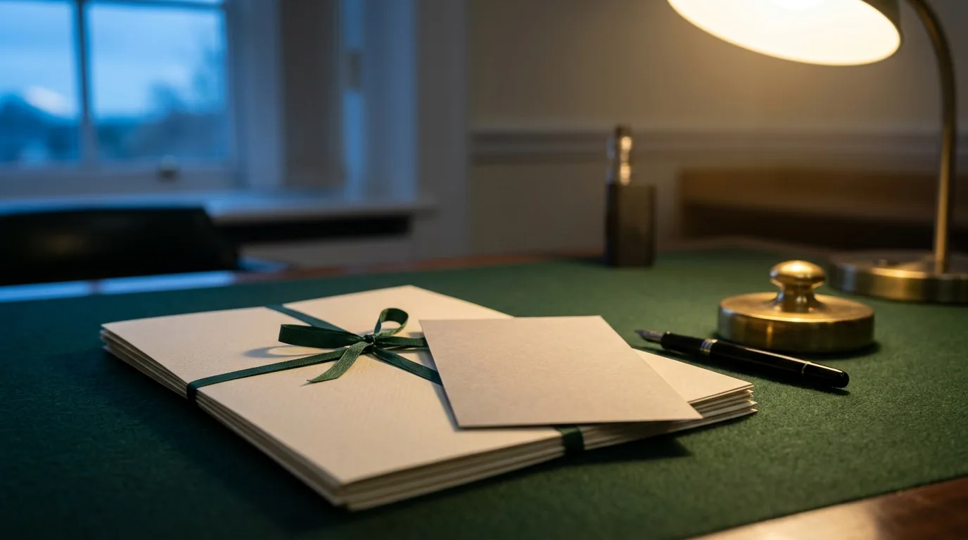 Blank closure-order paperwork, pen and brass paperweight on a green baize council-office desk.
