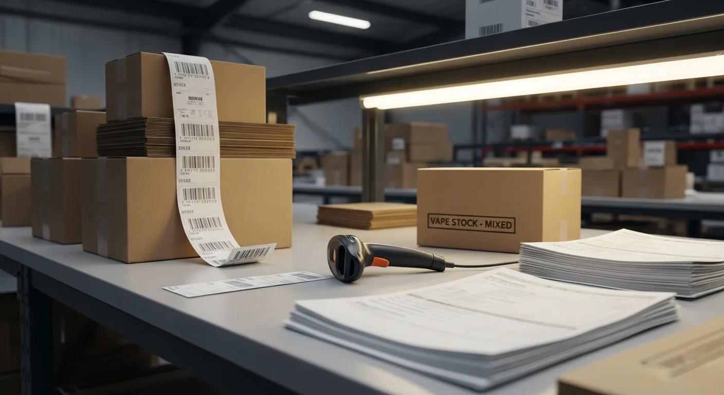 Object-only office desk with folders, a compliance checklist, calculator, and an unbranded vape retail display tray, illustrating retailer communications and compliance.