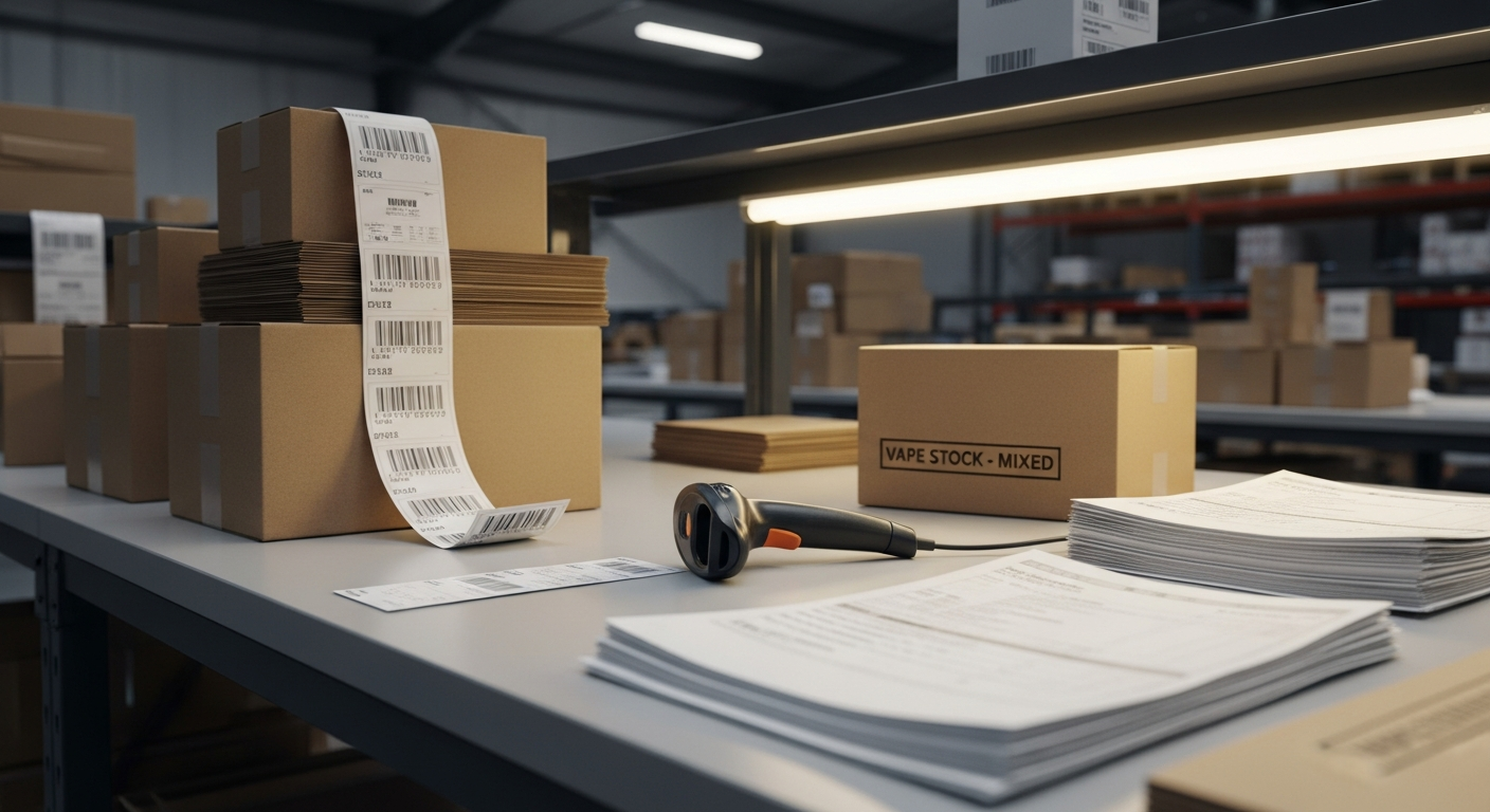 Object-only office desk with folders, a compliance checklist, calculator, and an unbranded vape retail display tray, illustrating retailer communications and compliance.