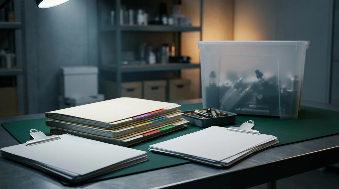 Compliance folders and sealed waste vape container for WEEE evidence and takeback records.