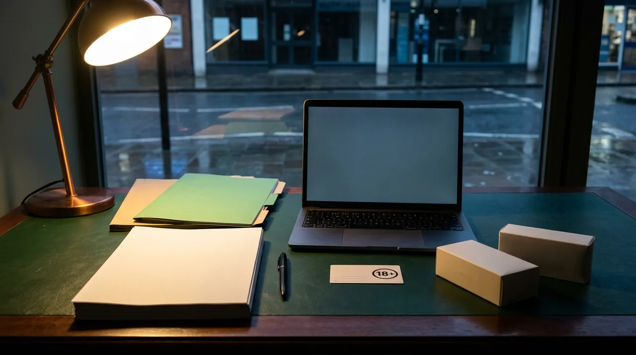 Adult vape retailer back-office compliance desk with blank records, folders, plain boxes and a simple 18 plus age-check symbol.