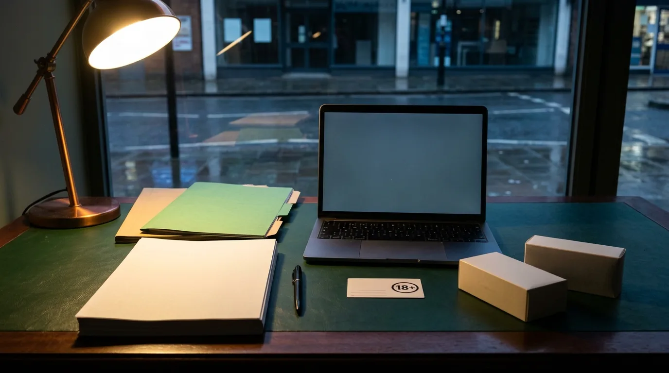 Adult vape retailer back-office compliance desk with blank records, folders, plain boxes and a simple 18 plus age-check symbol.