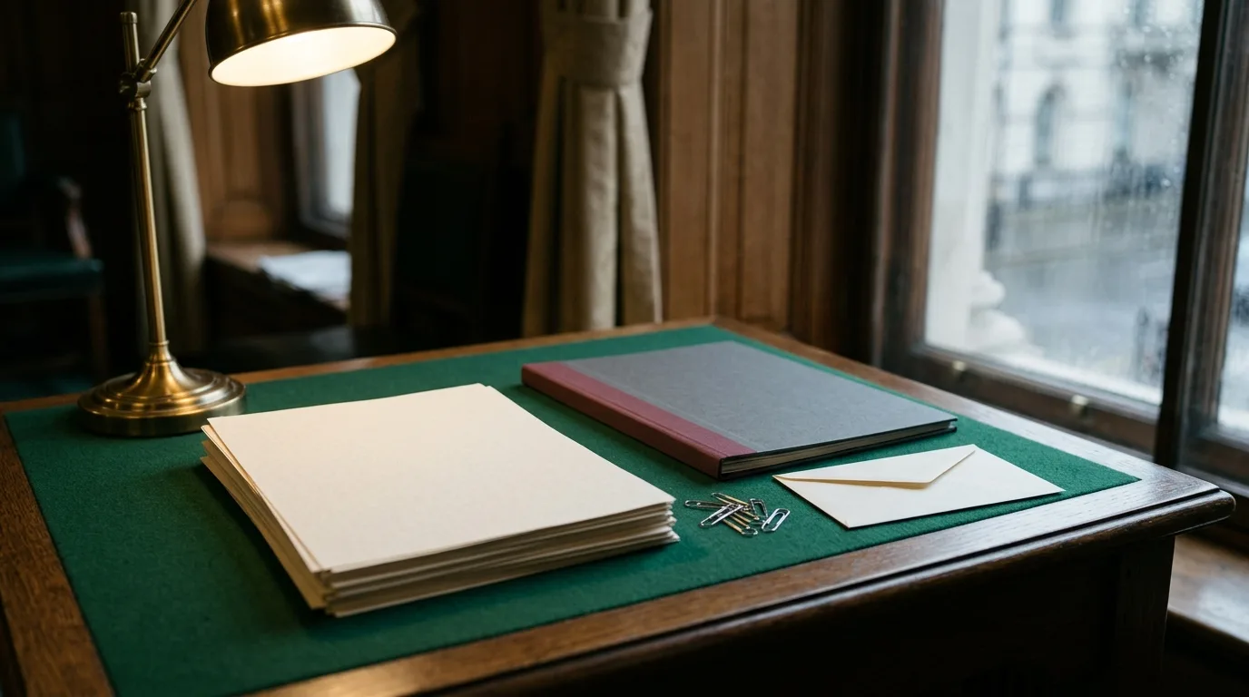 Blank written-evidence papers and a folder arranged on a committee-room table.