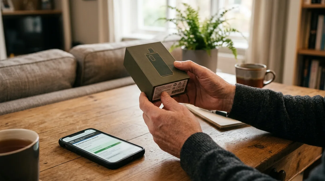 Adult hands checking the compliance label on a reusable vape kit with a compliance-check website on a nearby phone.