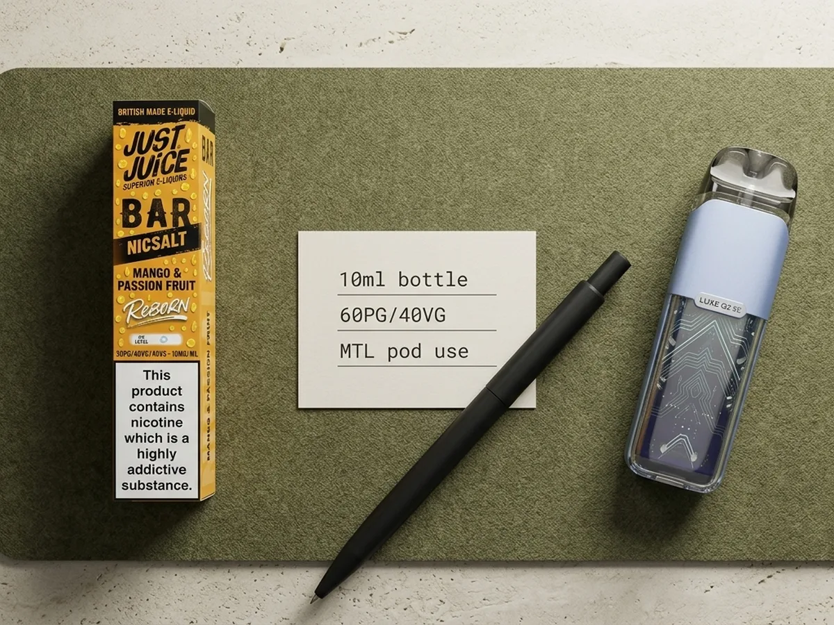 Just Juice Reborn Bar Salt format card with a refillable pod kit and 10ml nic salt cues
