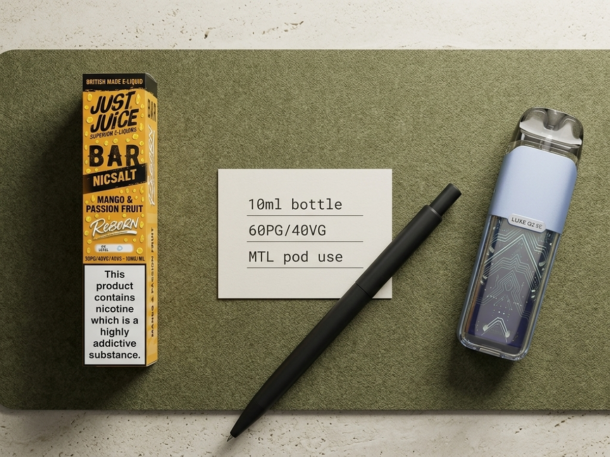 Just Juice Reborn Bar Salt format card with a refillable pod kit and 10ml nic salt cues