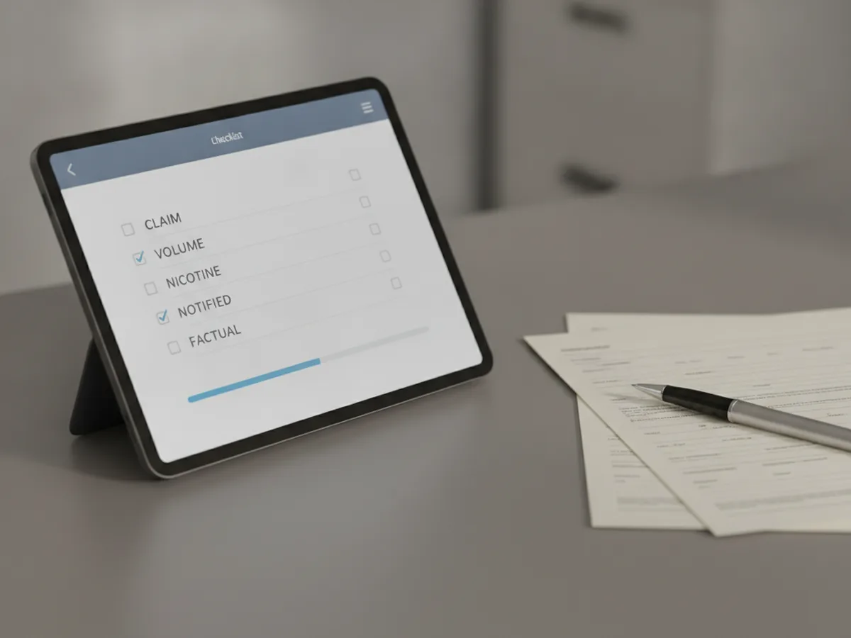 Tablet showing a generic vape marketing claims checklist on a compliance desk