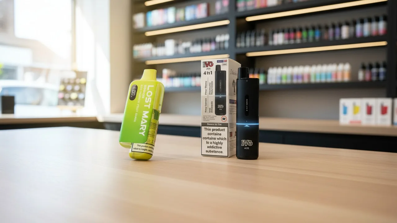 Real Lost Mary BM6000 and IVG Air 2400 prefilled pod vape kits on a UK vape shop counter — modern post-disposable-ban options.