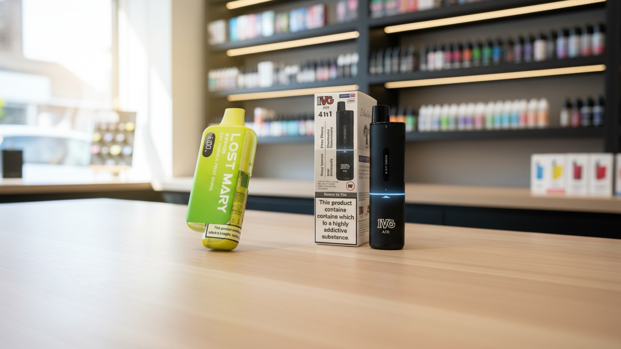 Real Lost Mary BM6000 and IVG Air 2400 prefilled pod vape kits on a UK vape shop counter — modern post-disposable-ban options.