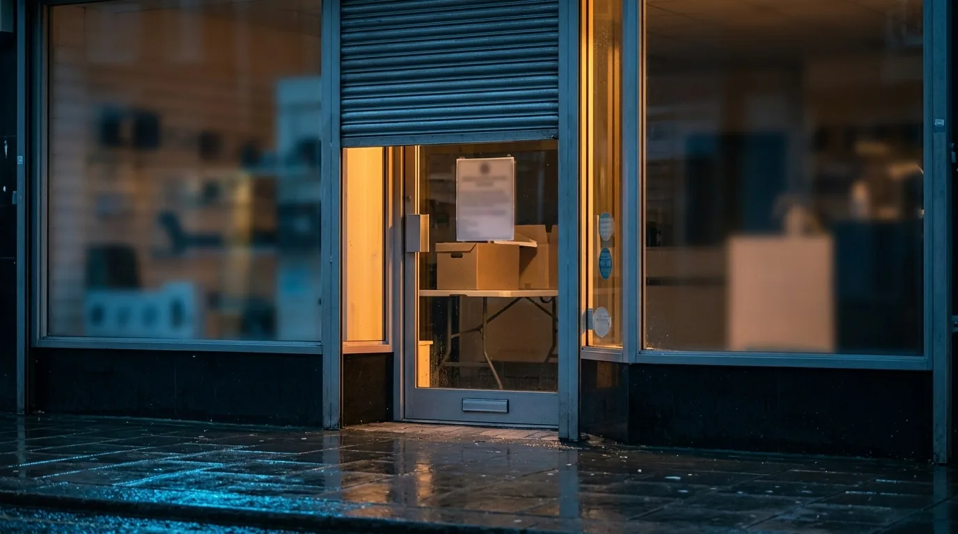 Anonymised rain-wet UK high-street shop doorway with blank closure-notice shapes and evidence boxes.