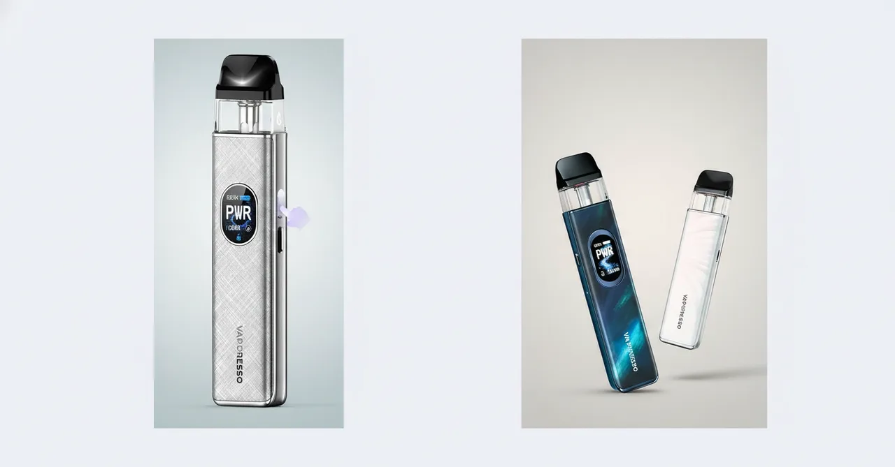 Two refillable pod vape kits side by side on a neutral surface, showing the small-step XROS 6 vs XROS 5 update.