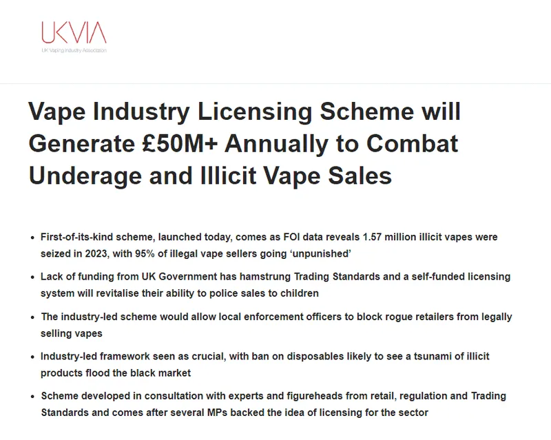 UKVIA Vape Industry Licensing Scheme proposal page
