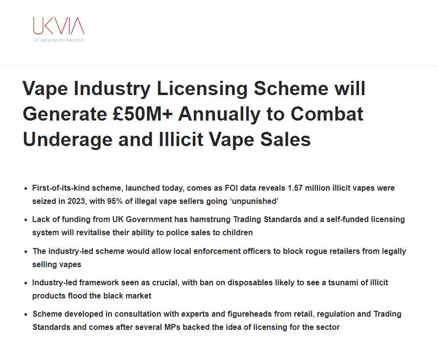 UKVIA Vape Industry Licensing Scheme proposal page