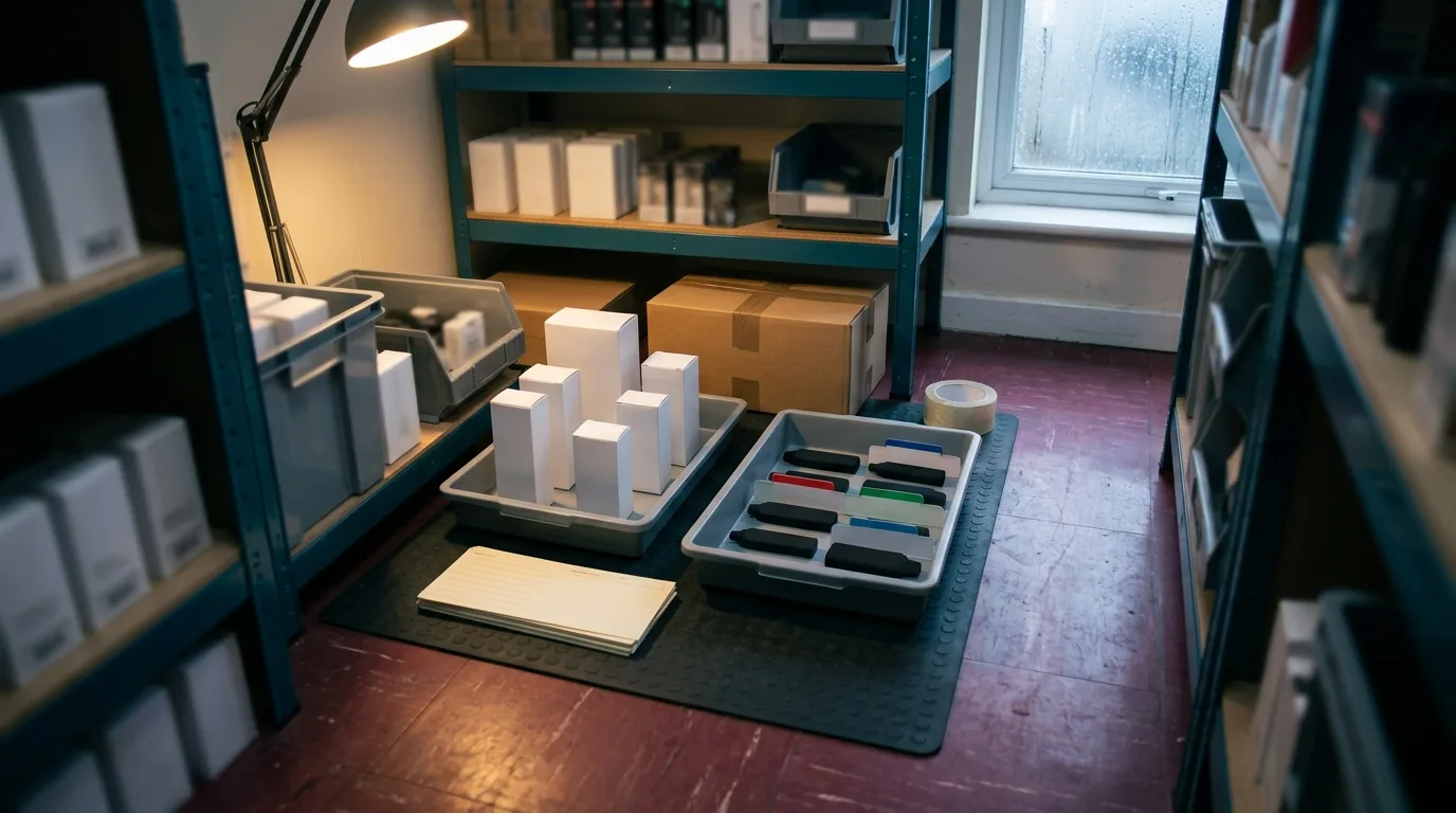 Unbranded vape stock segregated on a backroom audit bench with blank quarantine cards.