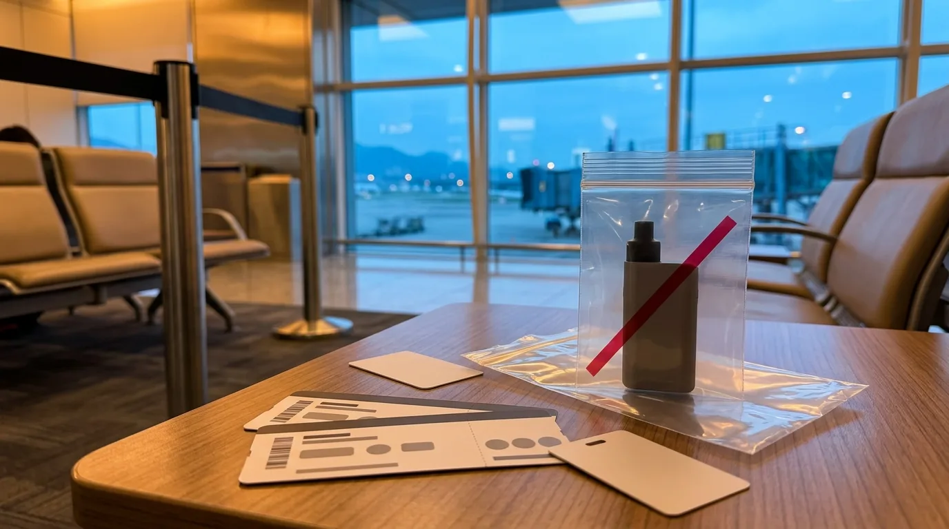 Airport transit scene with a carry-on bag and a checklist warning about vape restrictions.