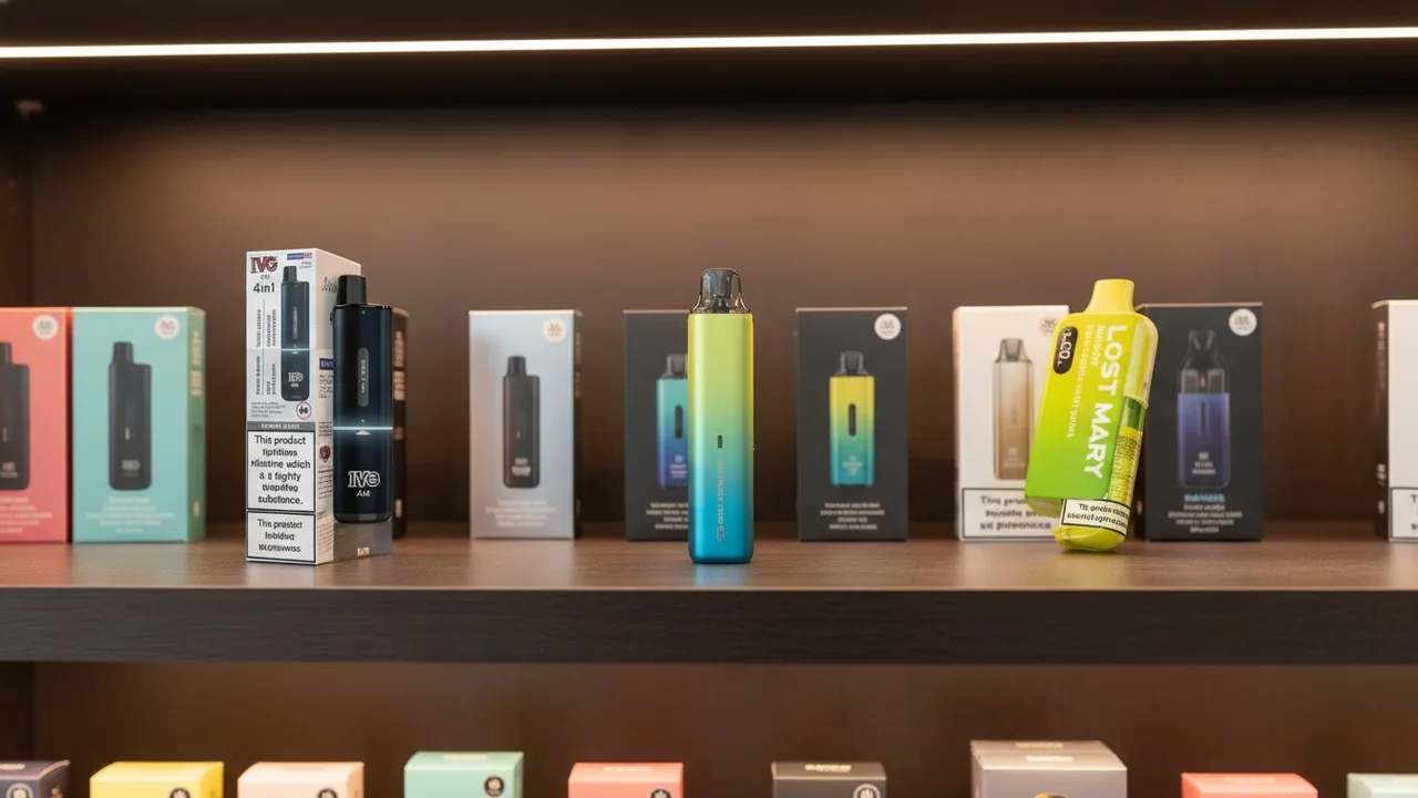 A mix of real prefilled and refillable pod vape kits on a UK vape shop retail display shelf.