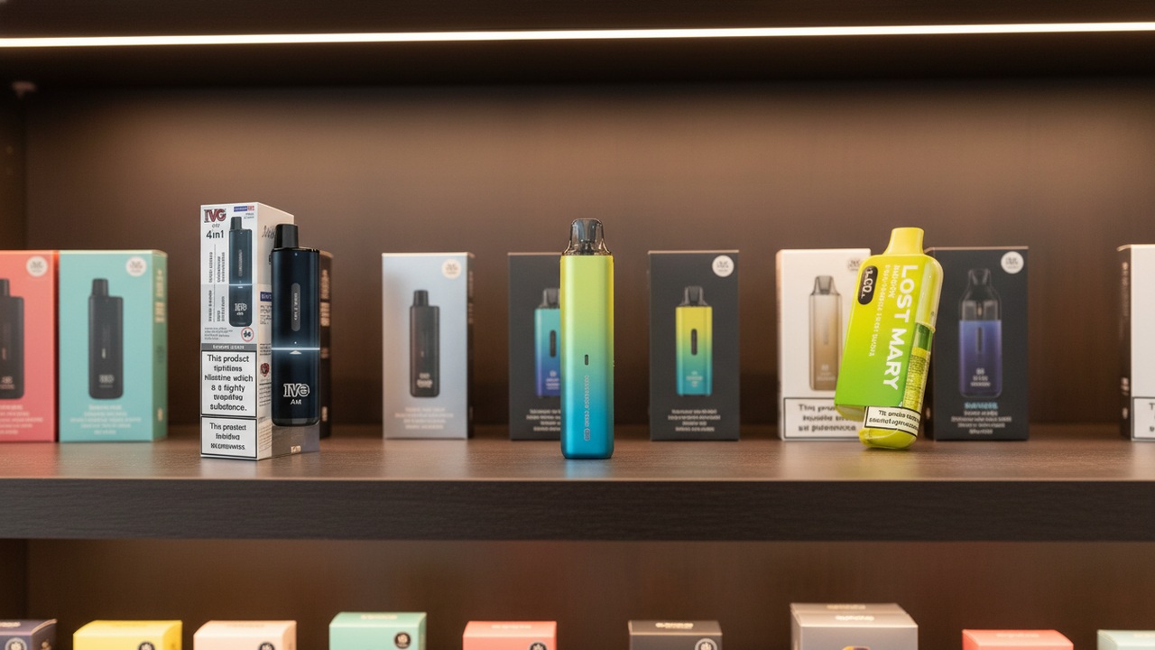 A mix of real prefilled and refillable pod vape kits on a UK vape shop retail display shelf.