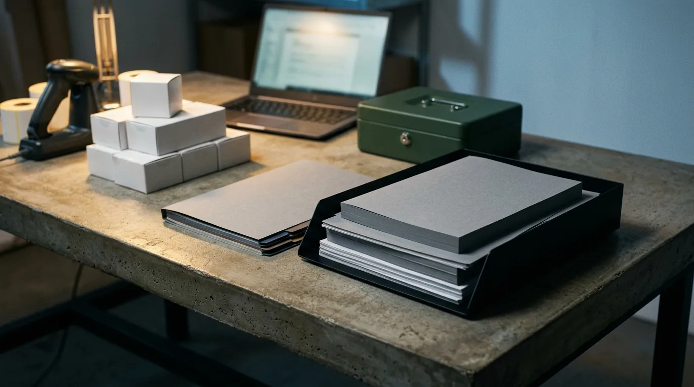 A retailer audit-trail desk with anonymised vape boxes, blank invoices, label rolls, scanner dock and organised records tray.