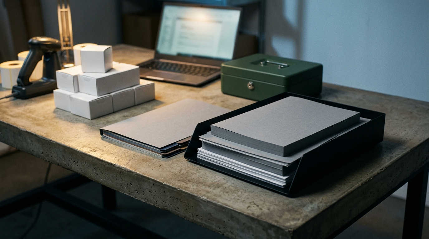 A retailer audit-trail desk with anonymised vape boxes, blank invoices, label rolls, scanner dock and organised records tray.