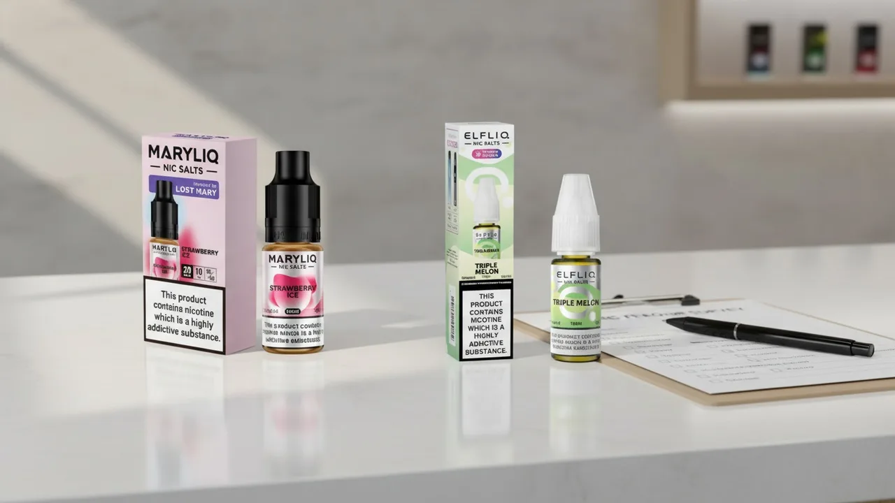 Real MARYLIQ Strawberry Ice and ELFLIQ Triple Melon sweet nicotine-salt e-liquid bottles on a counter beside a vaping flavour survey.