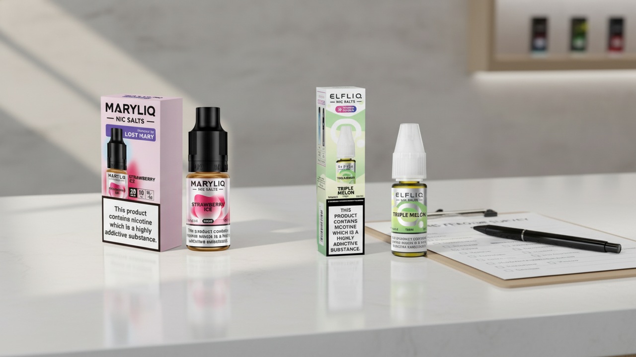 Real MARYLIQ Strawberry Ice and ELFLIQ Triple Melon sweet nicotine-salt e-liquid bottles on a counter beside a vaping flavour survey.