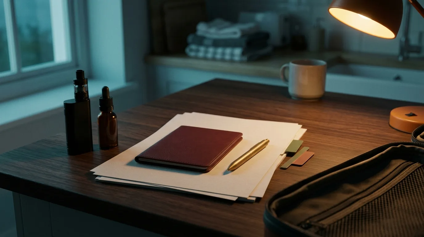 Travel packing table with blank documents and an unbranded vape left outside the suitcase