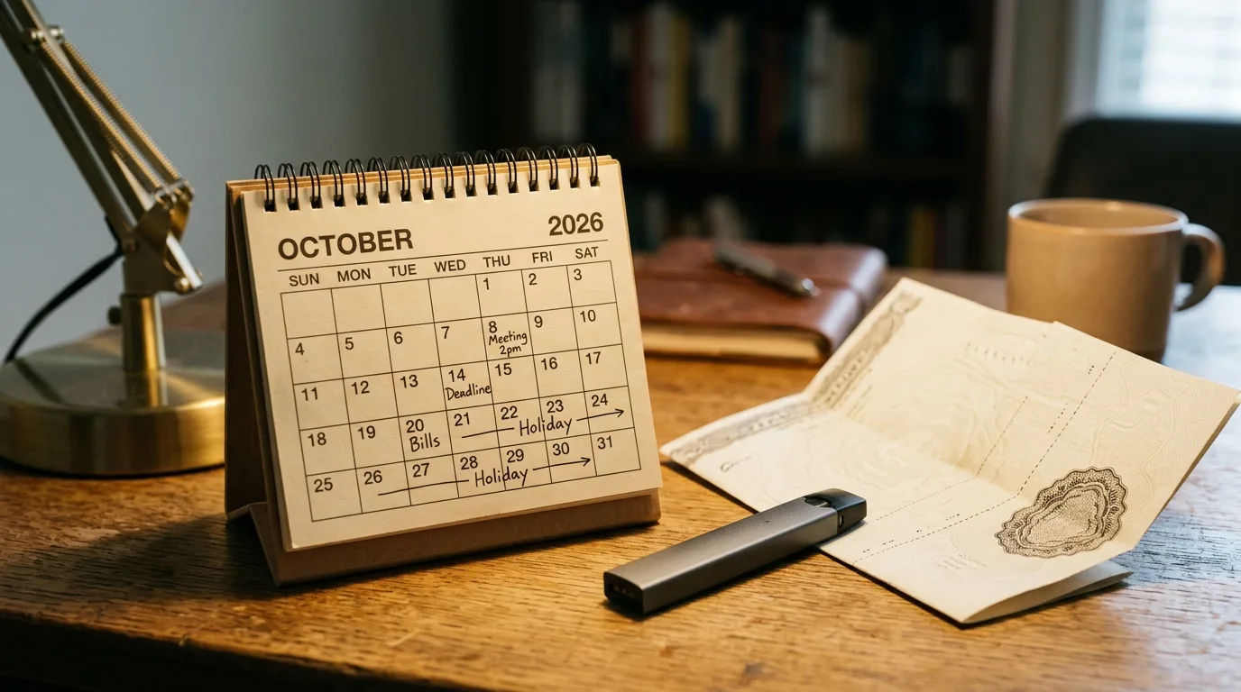 Desk calendar showing October 2026 beside a vape kit and a duty-stamp paper, illustrating the Vaping Products Duty start date.