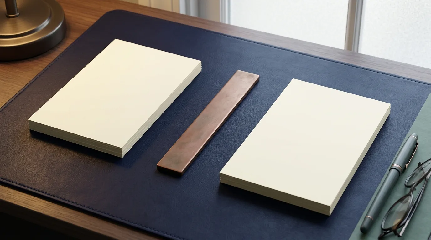 Two blank evidence-card stacks separated on a desk, representing the boundary between careful wording and unsupported inference.